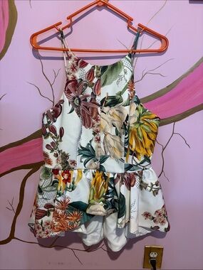 Anthropologie White Floral Peplum Cami Top with Yellow & Green Accents